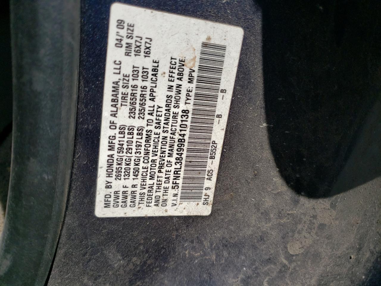 2009 Honda Odyssey Ex VIN: 5FNRL38499B410138 Lot: 61403064