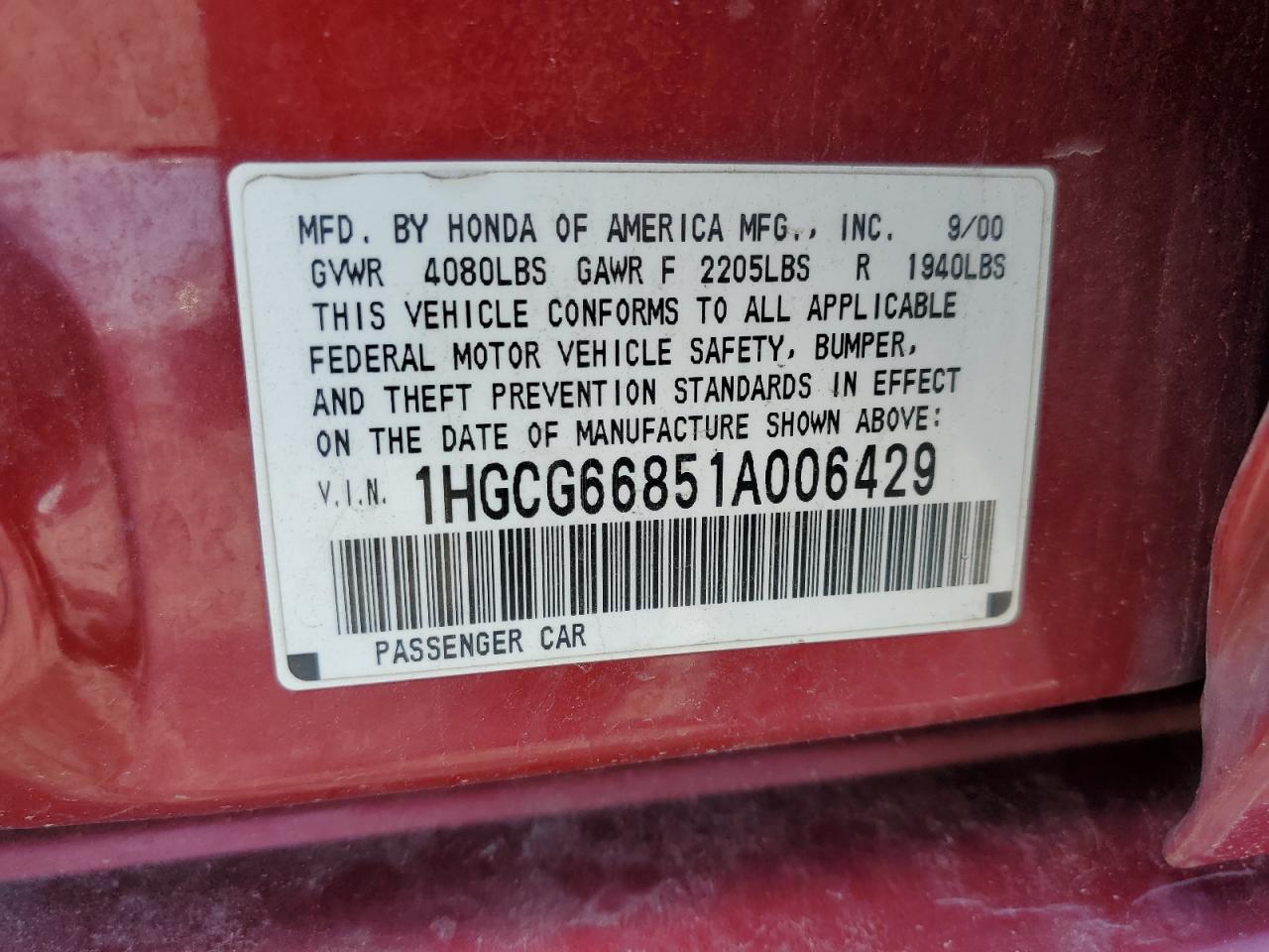 2001 Honda Accord Ex VIN: 1HGCG66851A006429 Lot: 50614303