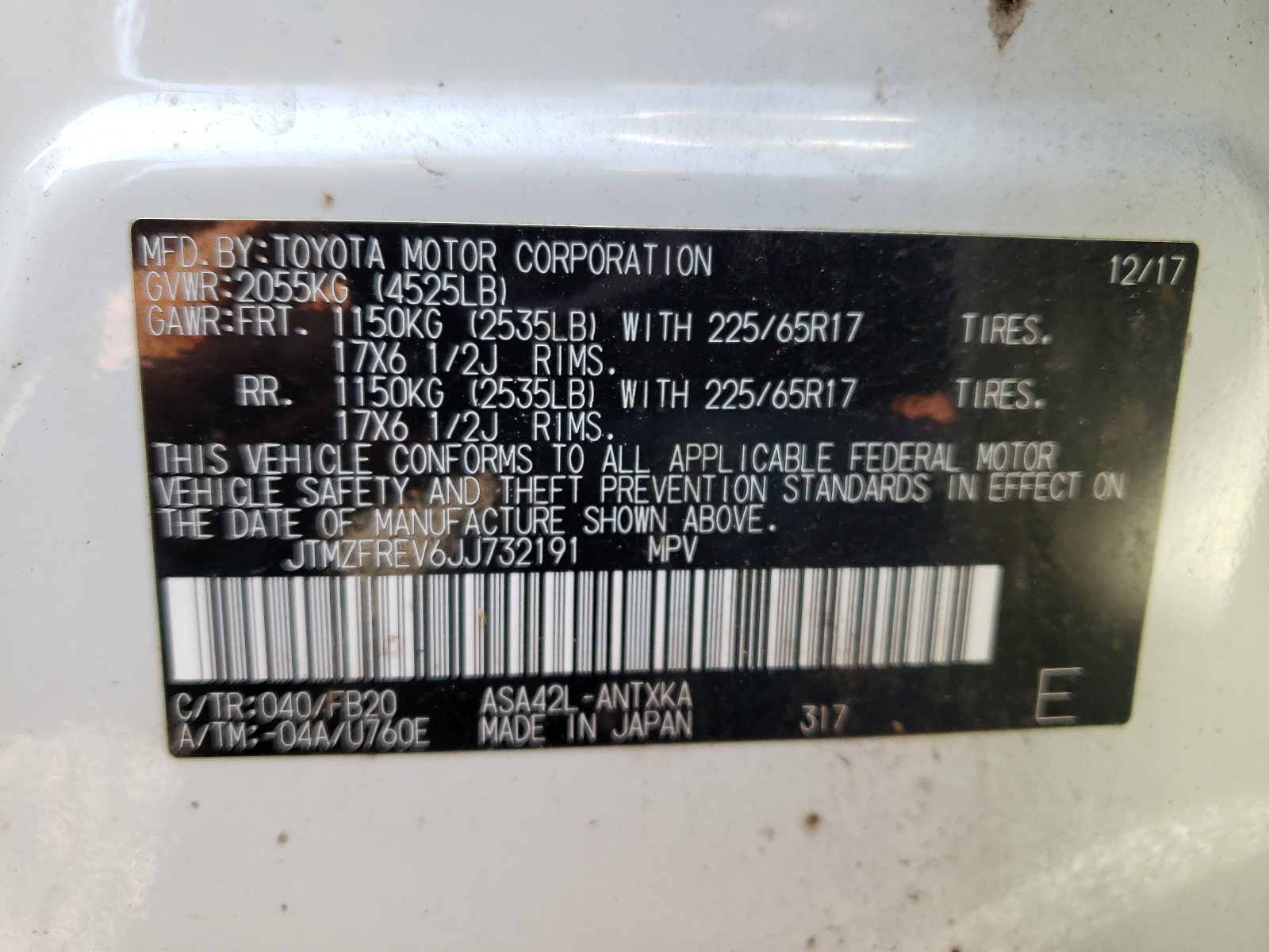 JTMZFREV6JJ732191 2018 Toyota Rav4 Le