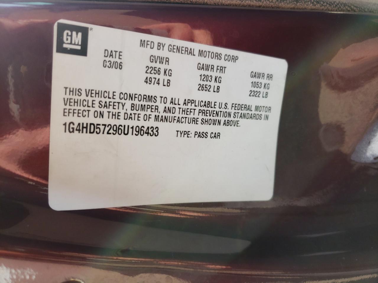 2006 Buick Lucerne Cxl VIN: 1G4HD57296U196433 Lot: 71485333