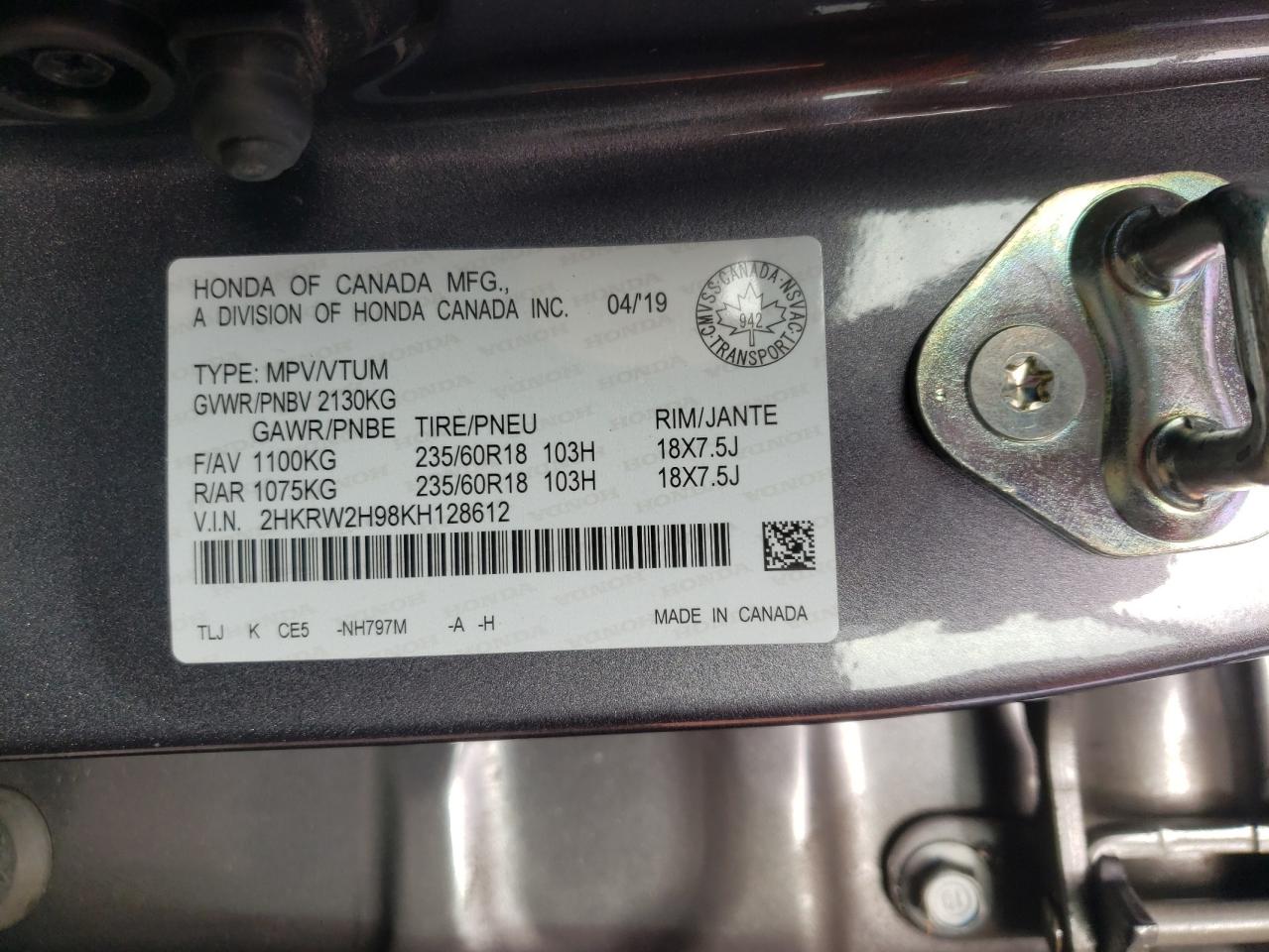 2HKRW2H98KH128612 2019 Honda Cr-V Touring