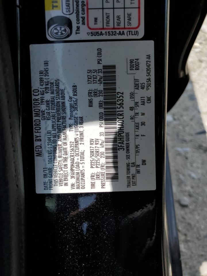 2012 Ford Fusion Se VIN: 3FAHP0HA0CR156352 Lot: 61386444