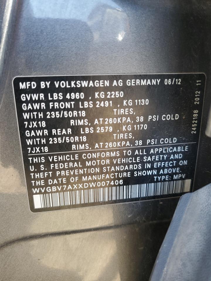 2013 Volkswagen Tiguan S VIN: WVGBV7AXXDW007406 Lot: 53743463