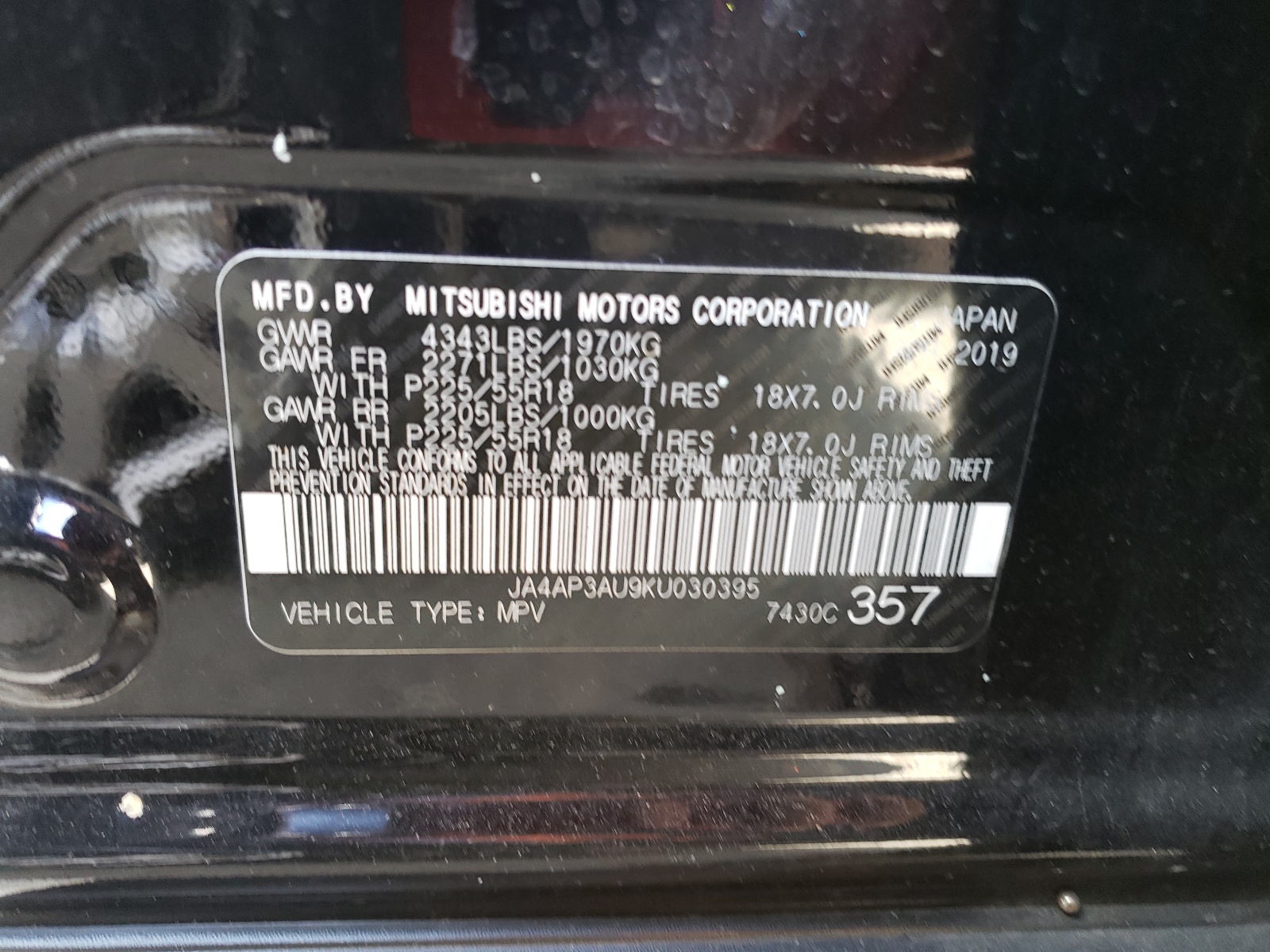 JA4AP3AU9KU030395 2019 Mitsubishi Outlander Sport Es