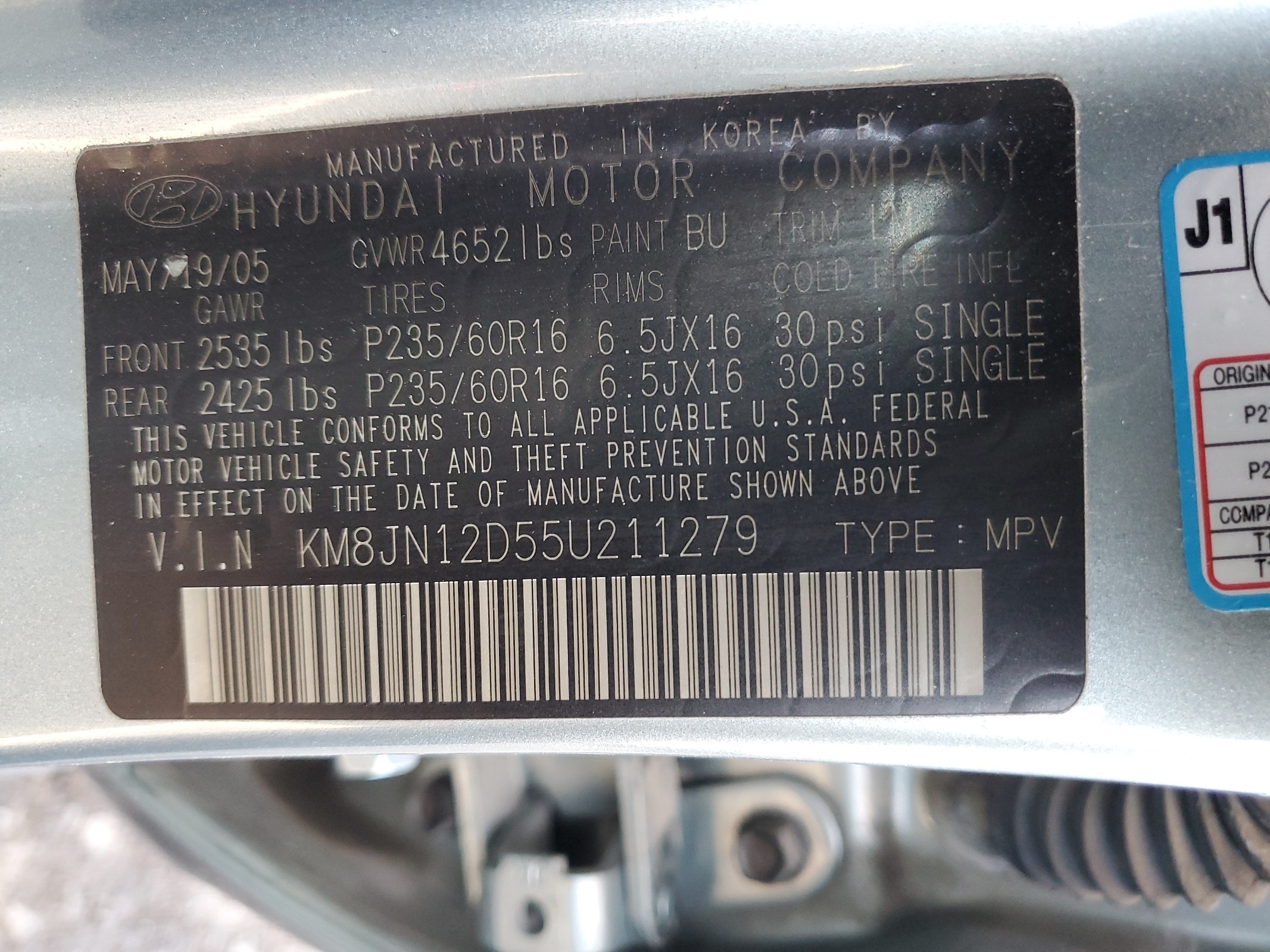 KM8JN12D55U211279 2005 Hyundai Tucson Gls