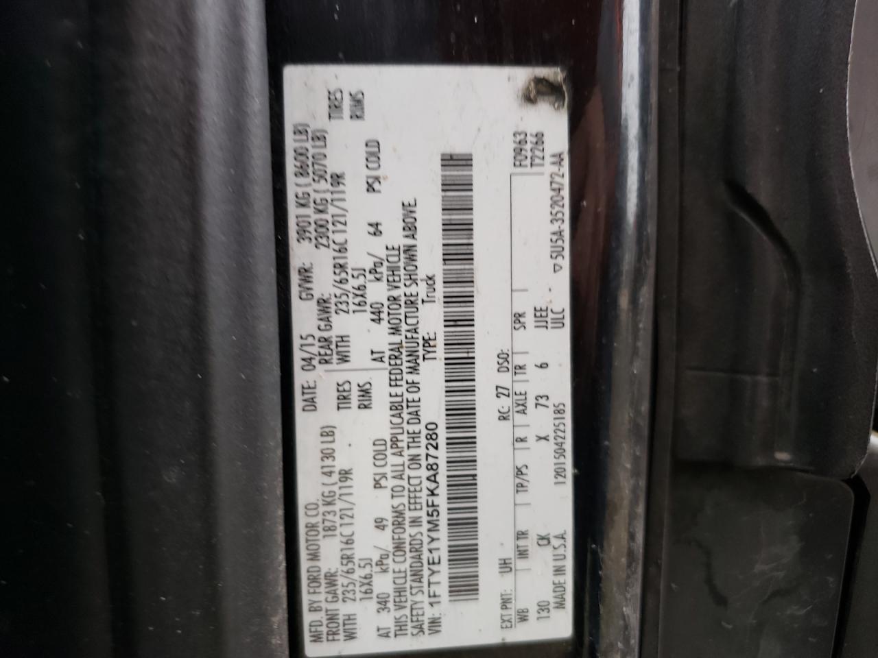 2015 Ford Transit T-150 VIN: 1FTYE1YM5FKA87280 Lot: 85255835