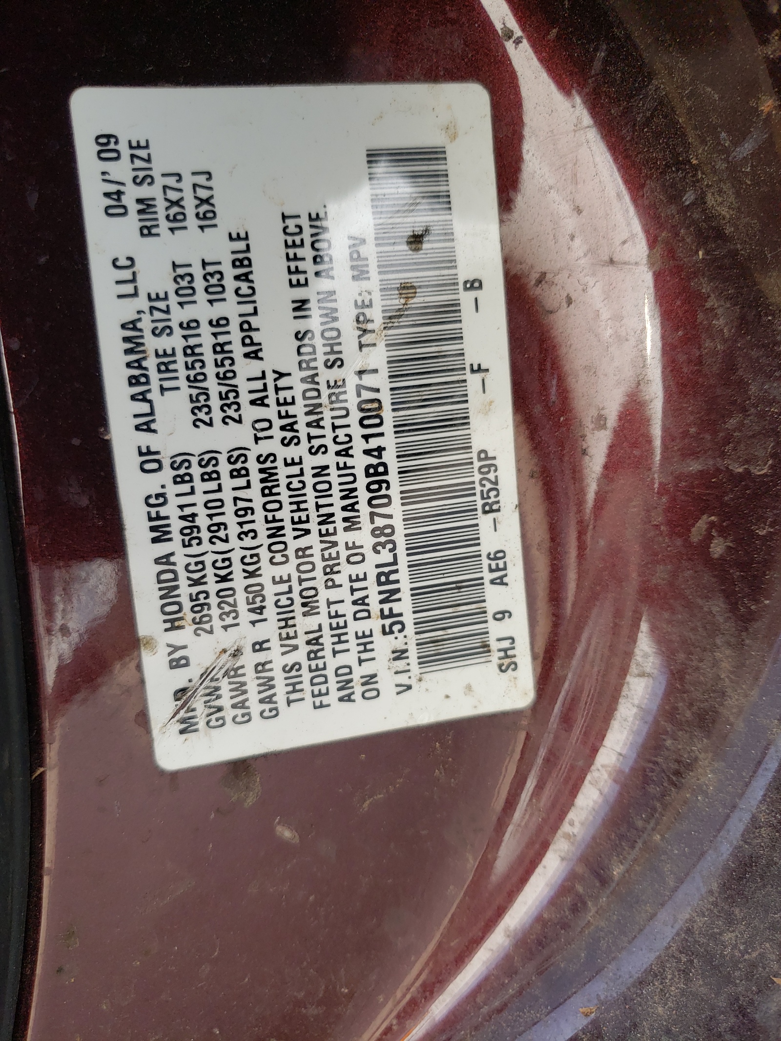 5FNRL38709B410071 2009 Honda Odyssey Exl