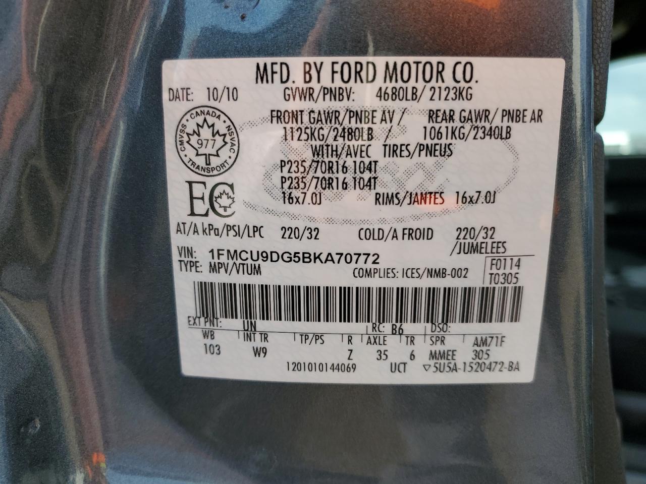 2011 Ford Escape Xlt VIN: 1FMCU9DG5BKA70772 Lot: 54049353