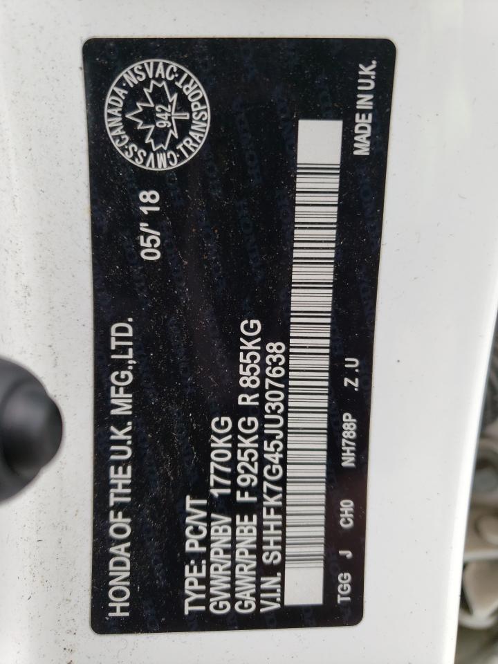 2018 Honda Civic Sport VIN: SHHFK7G45JU307638 Lot: 62028215