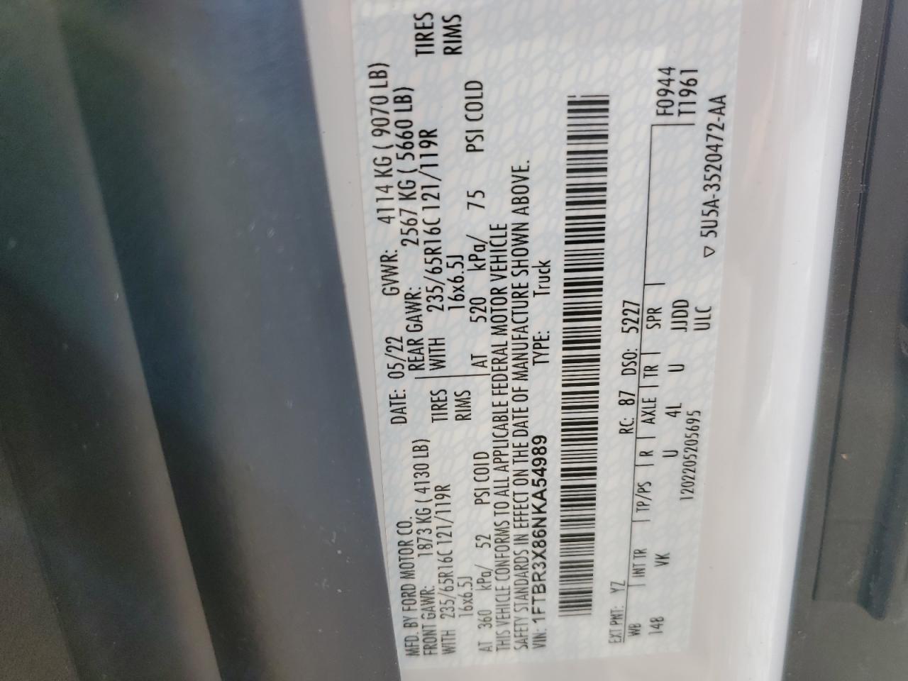 2022 Ford Transit T-250 VIN: 1FTBR3X86NKA54989 Lot: 51291433