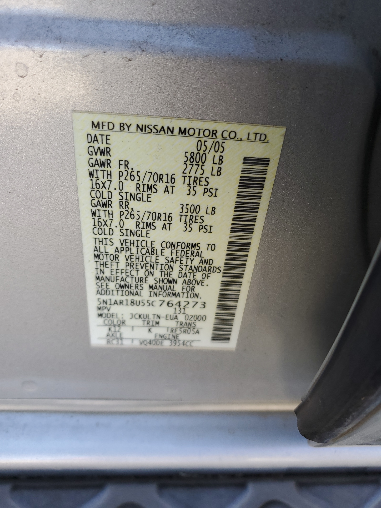 5N1AR18U55C764273 2005 Nissan Pathfinder Le