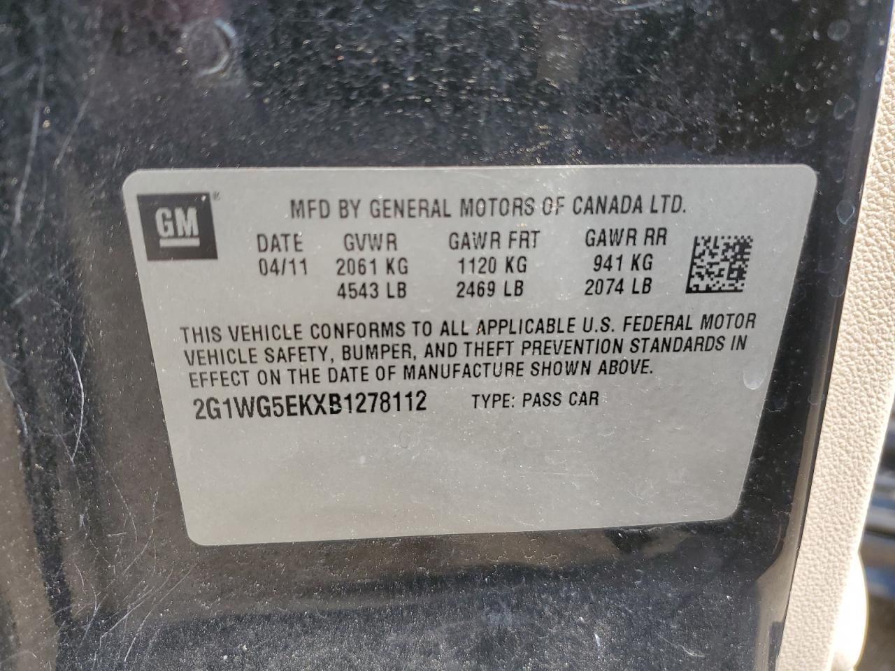 2011 Chevrolet Impala Lt VIN: 2G1WG5EKXB1278112 Lot: 52007093