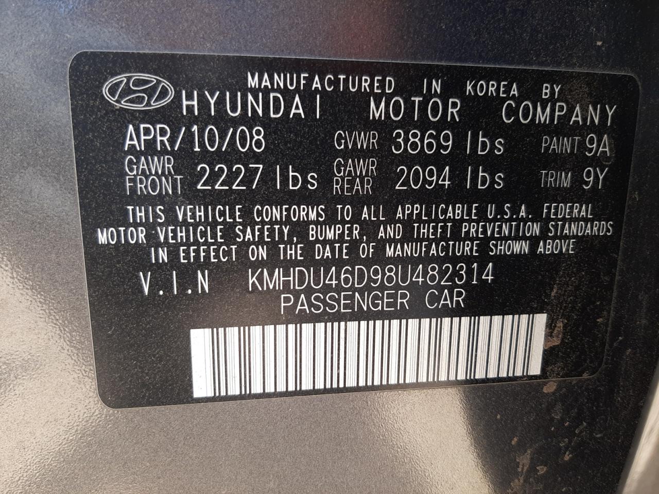 2008 Hyundai Elantra Gls VIN: KMHDU46D98U482314 Lot: 59094944