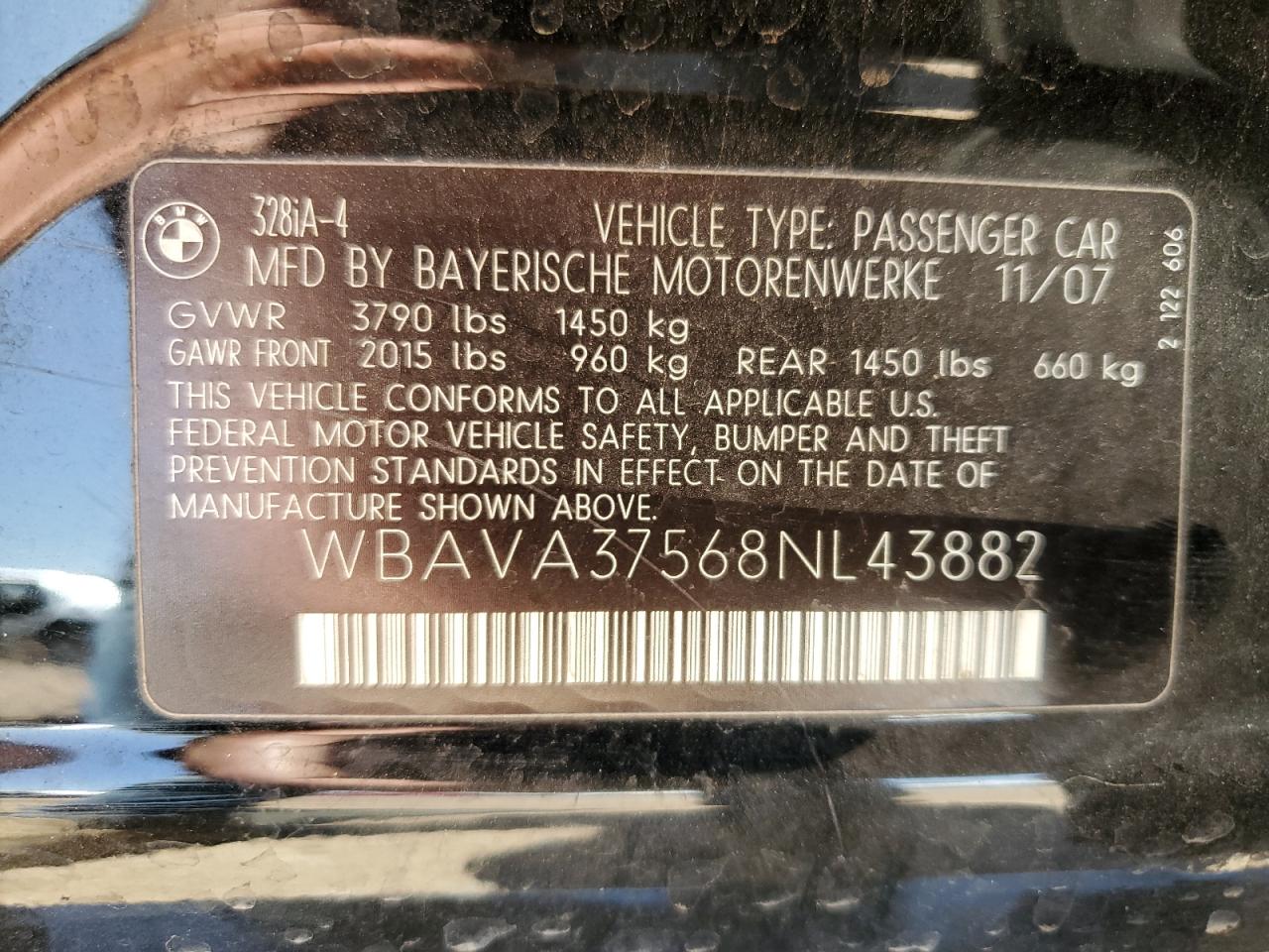 2008 BMW 328 I VIN: WBAVA37568NL43882 Lot: 85871474