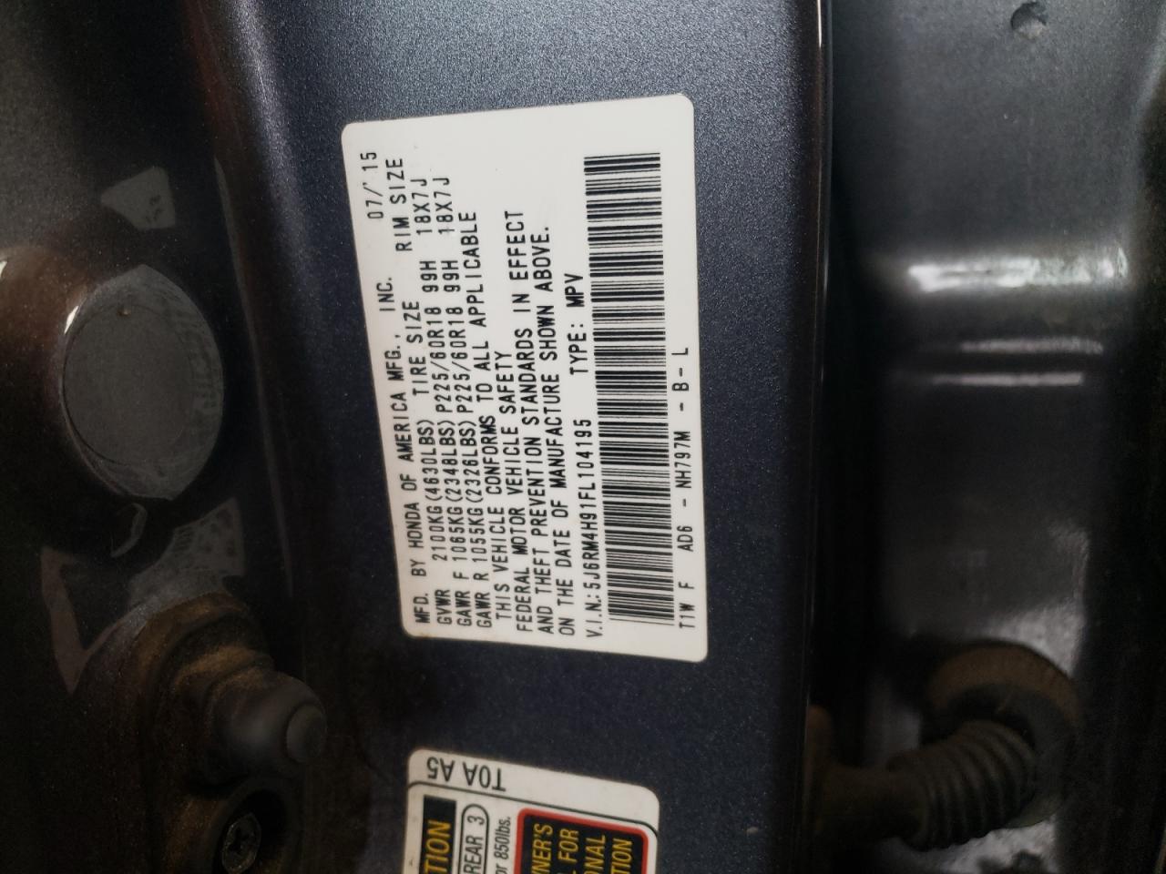 2015 Honda Cr-V Touring VIN: 5J6RM4H91FL104195 Lot: 52448693