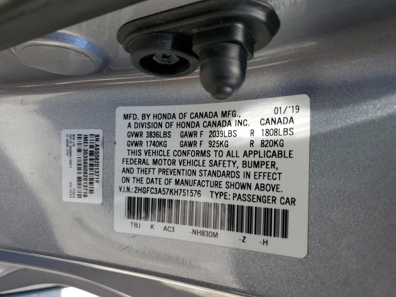 2019 Honda Civic Si VIN: 2HGFC3A57KH751576 Lot: 77519583