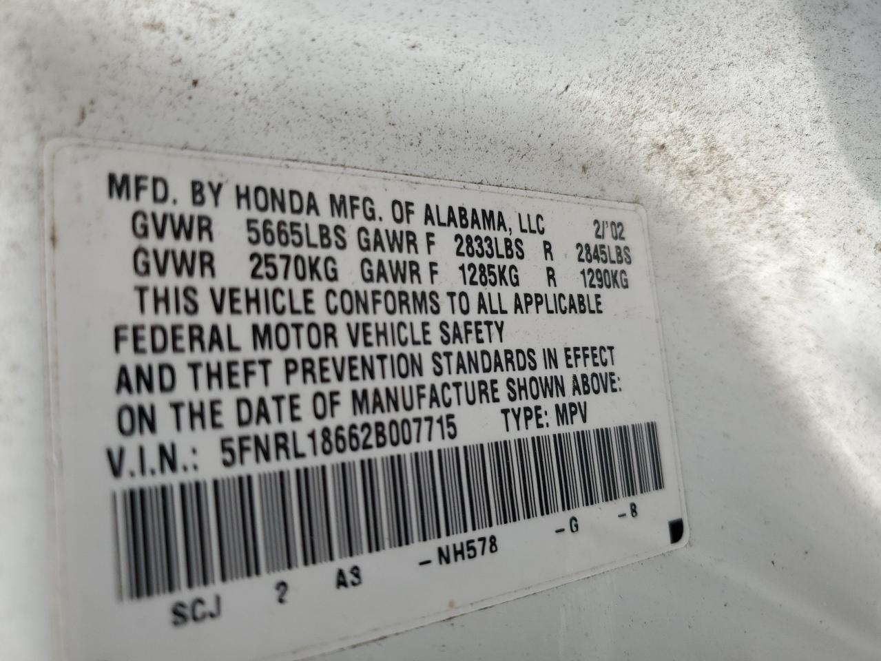 2002 Honda Odyssey Ex VIN: 5FNRL18662B007715 Lot: 89124185