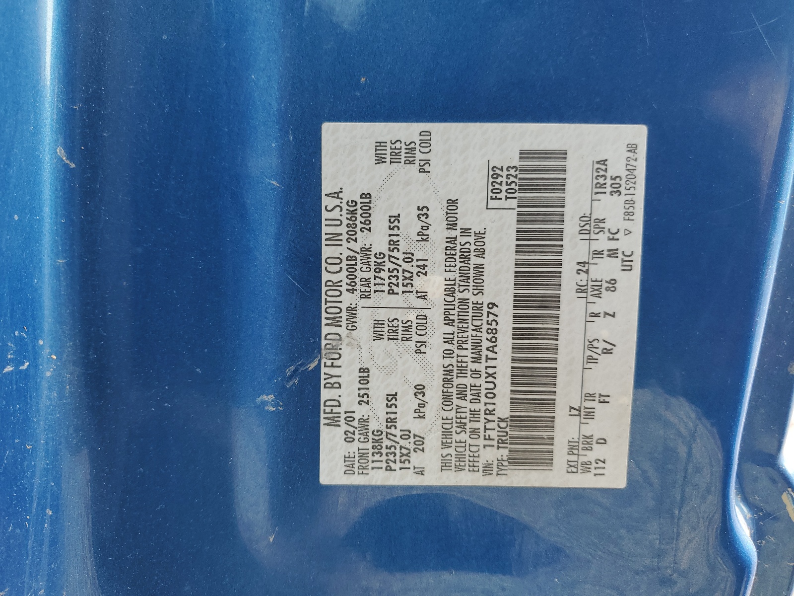 1FTYR10UX1TA68579 2001 Ford Ranger