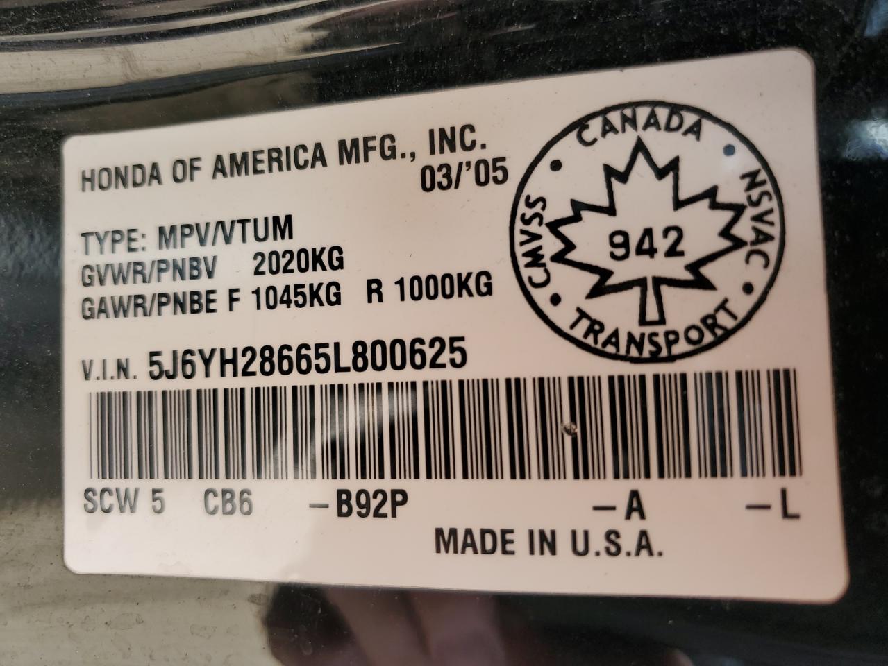 2005 Honda Element Ex VIN: 5J6YH28665L800625 Lot: 56562344