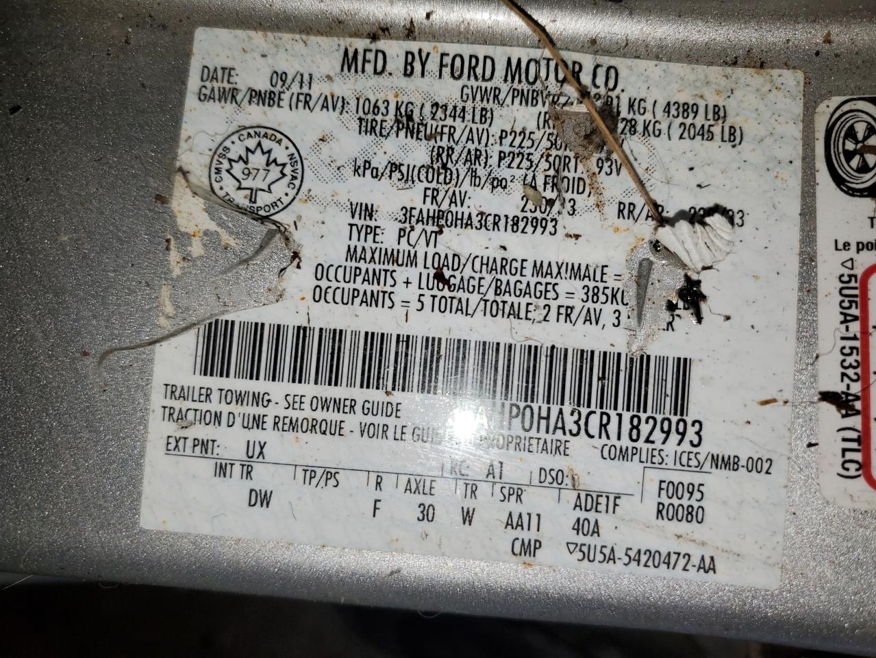 2012 Ford Fusion Se VIN: 3FAHP0HA3CR182993 Lot: 53564074