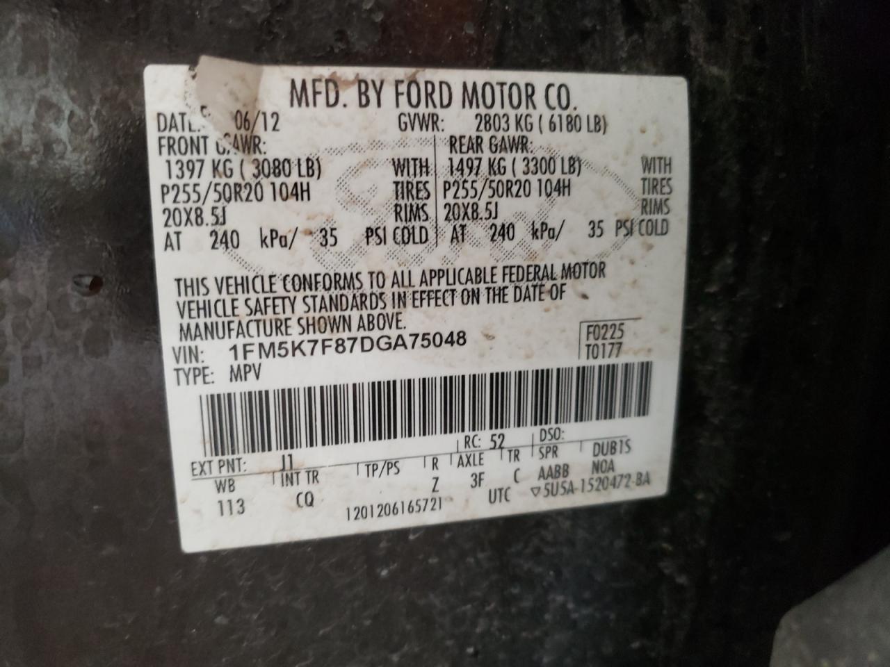 2013 Ford Explorer Limited VIN: 1FM5K7F87DGA75048 Lot: 57097824