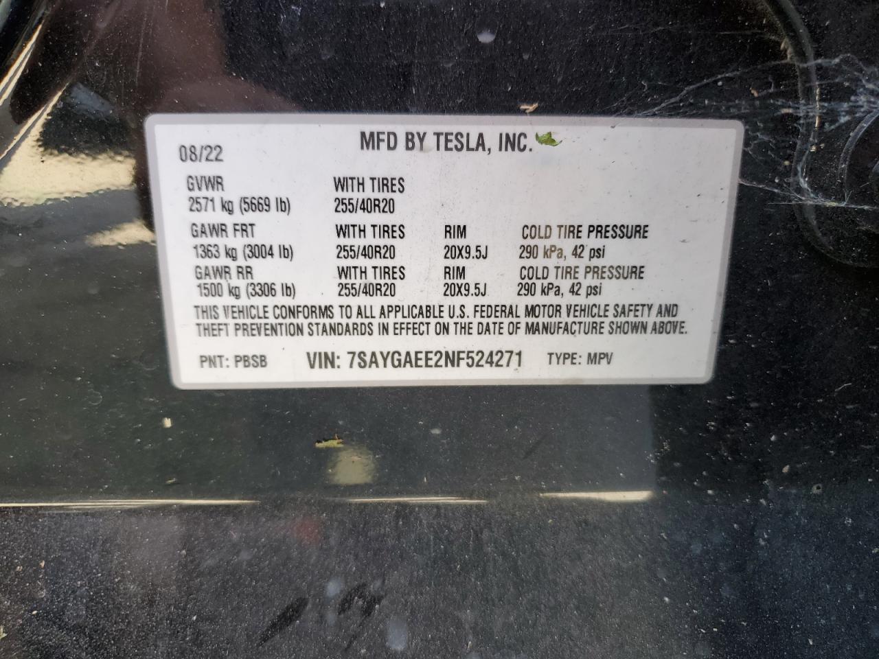 7SAYGAEE2NF524271 2022 Tesla Model Y