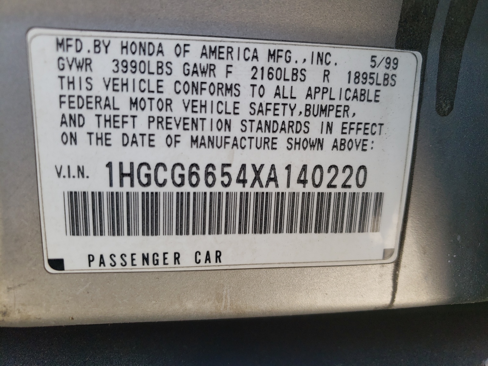 1HGCG6654XA140220 1999 Honda Accord Lx