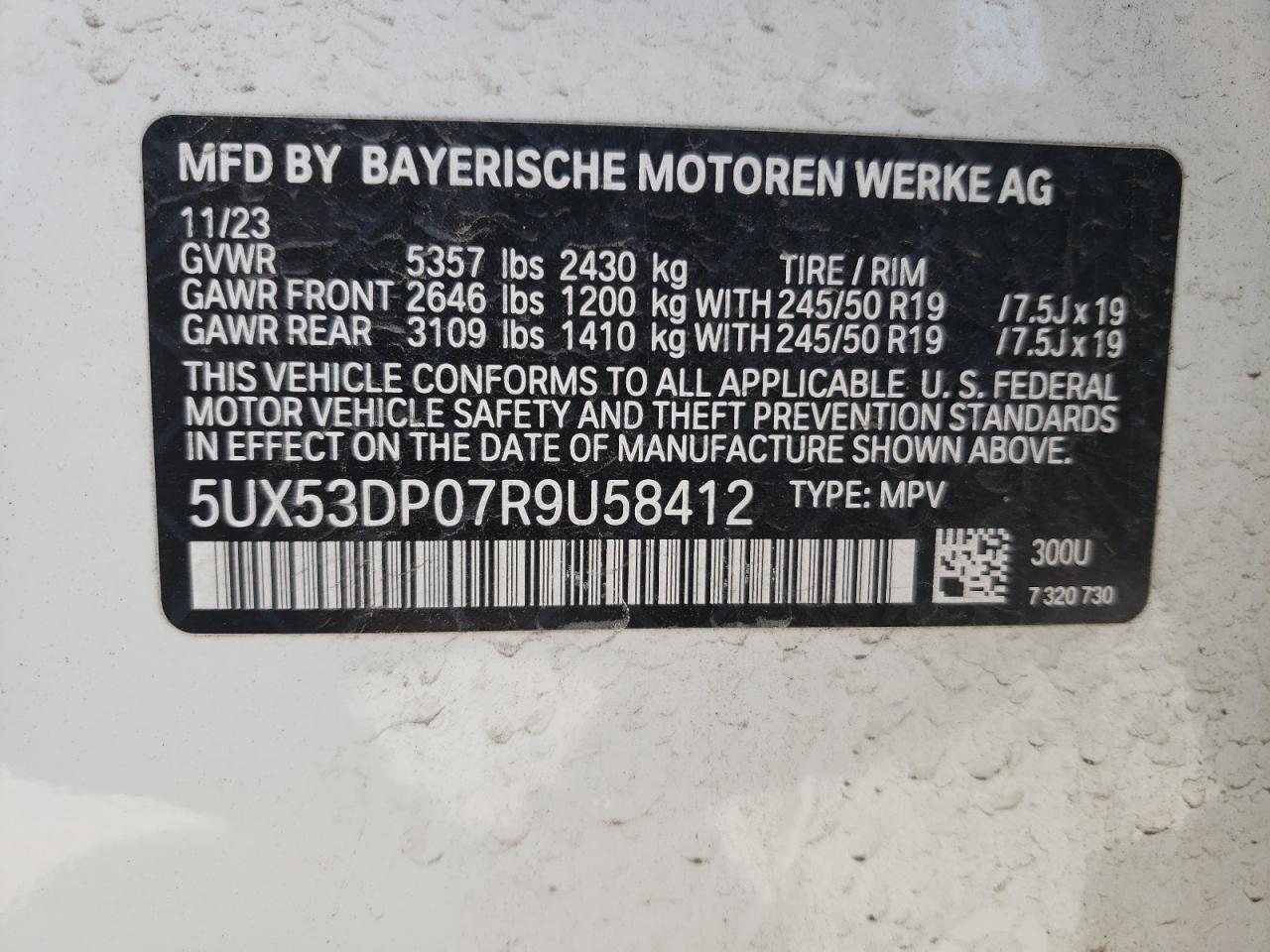 5UX53DP07R9U58412 2024 BMW X3 xDrive30I