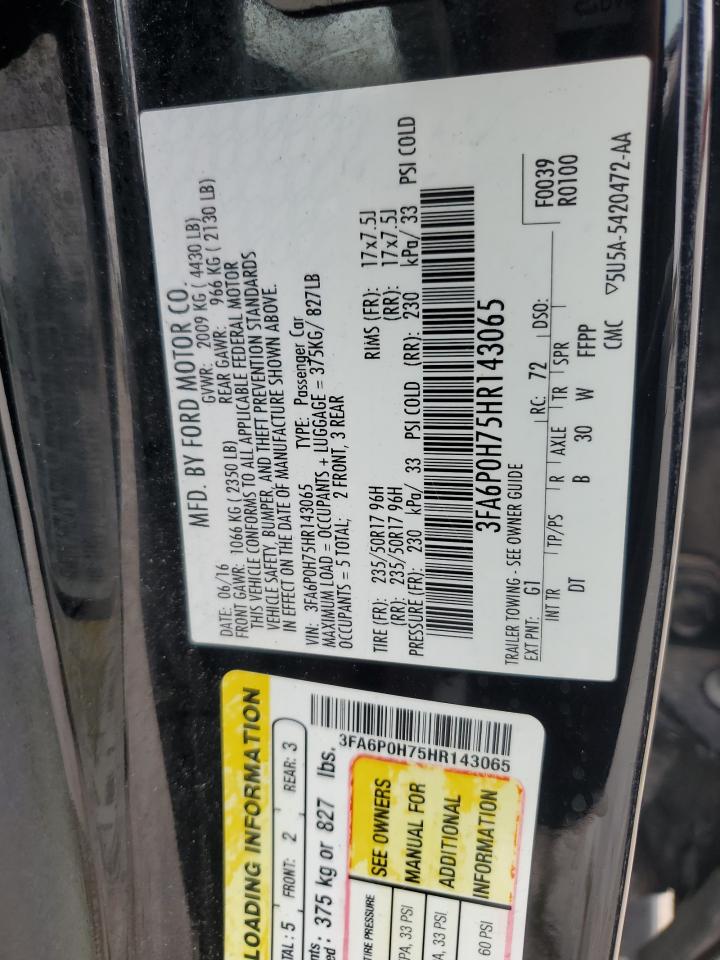 2017 Ford Fusion Se VIN: 3FA6P0H75HR143065 Lot: 56755894