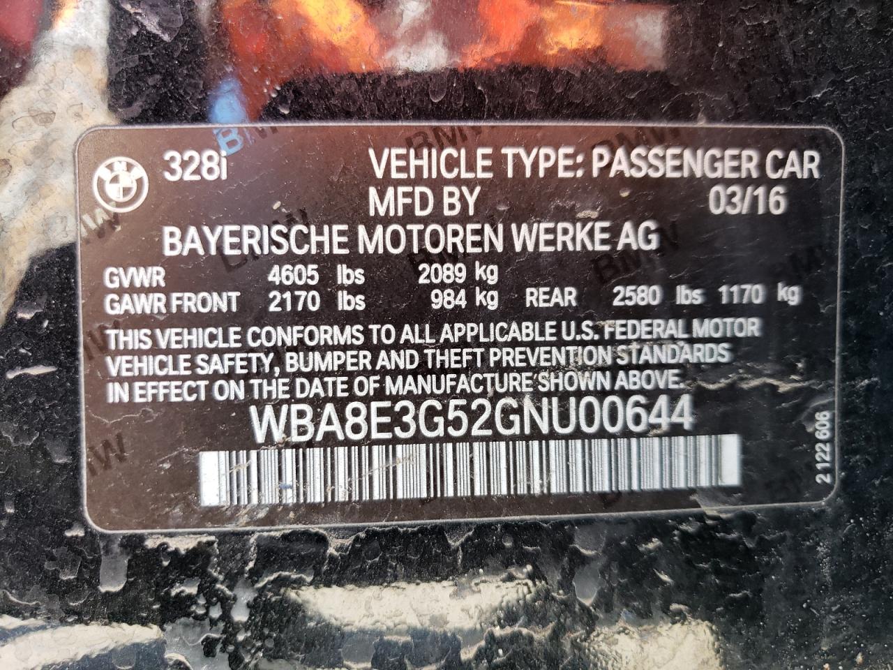 2016 BMW 328 Xi Sulev VIN: WBA8E3G52GNU00644 Lot: 55283894