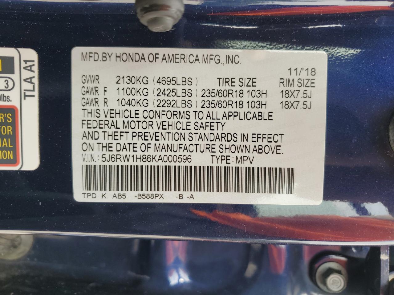 2019 Honda Cr-V Exl VIN: 5J6RW1H86KA000596 Lot: 53918894