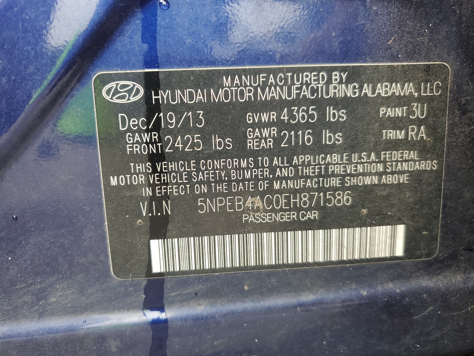 5NPEB4AC0EH871586 2014 Hyundai Sonata Gls