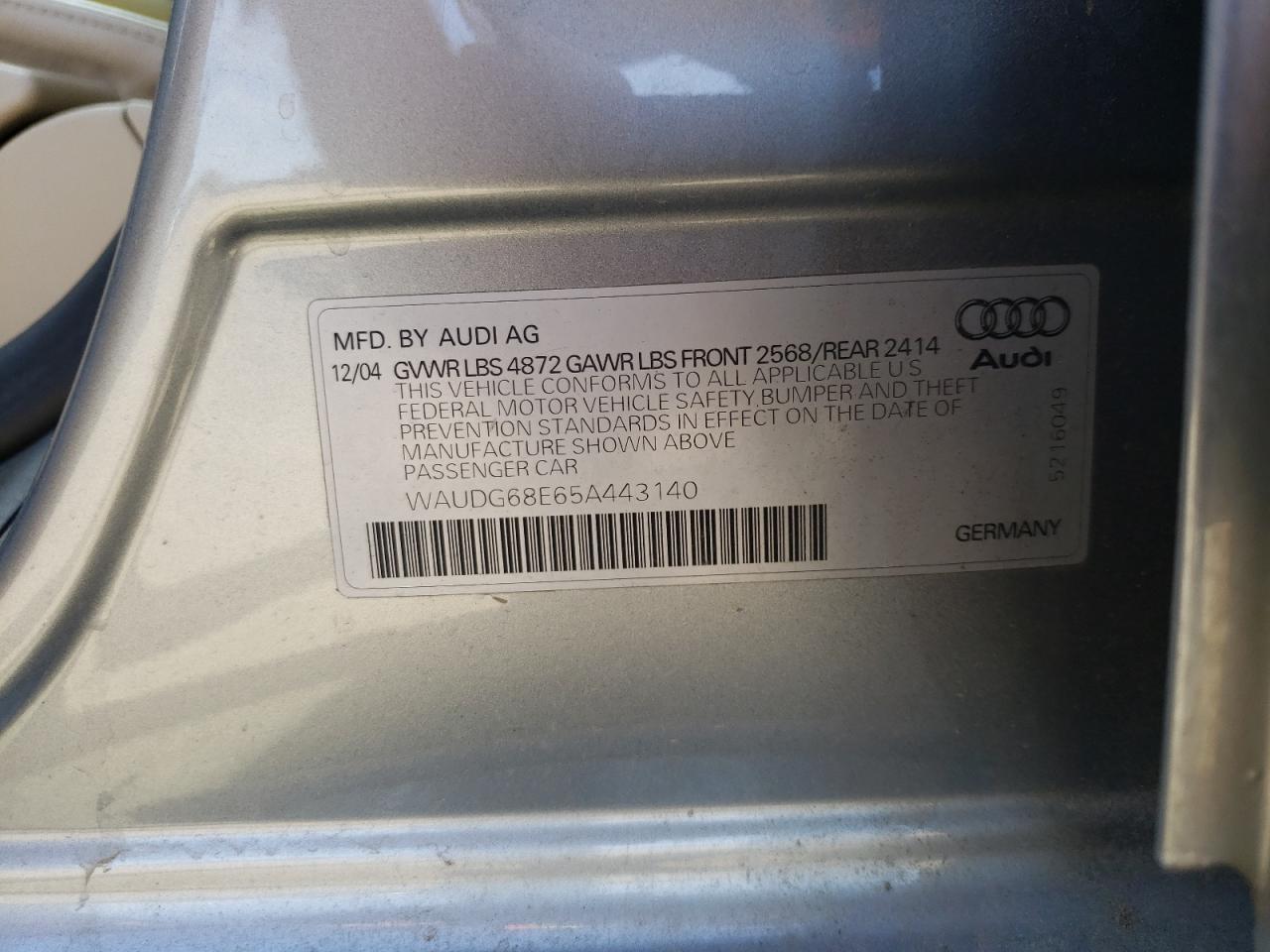 2005 Audi A4 3.2 Quattro VIN: WAUDG68E65A443140 Lot: 54125784