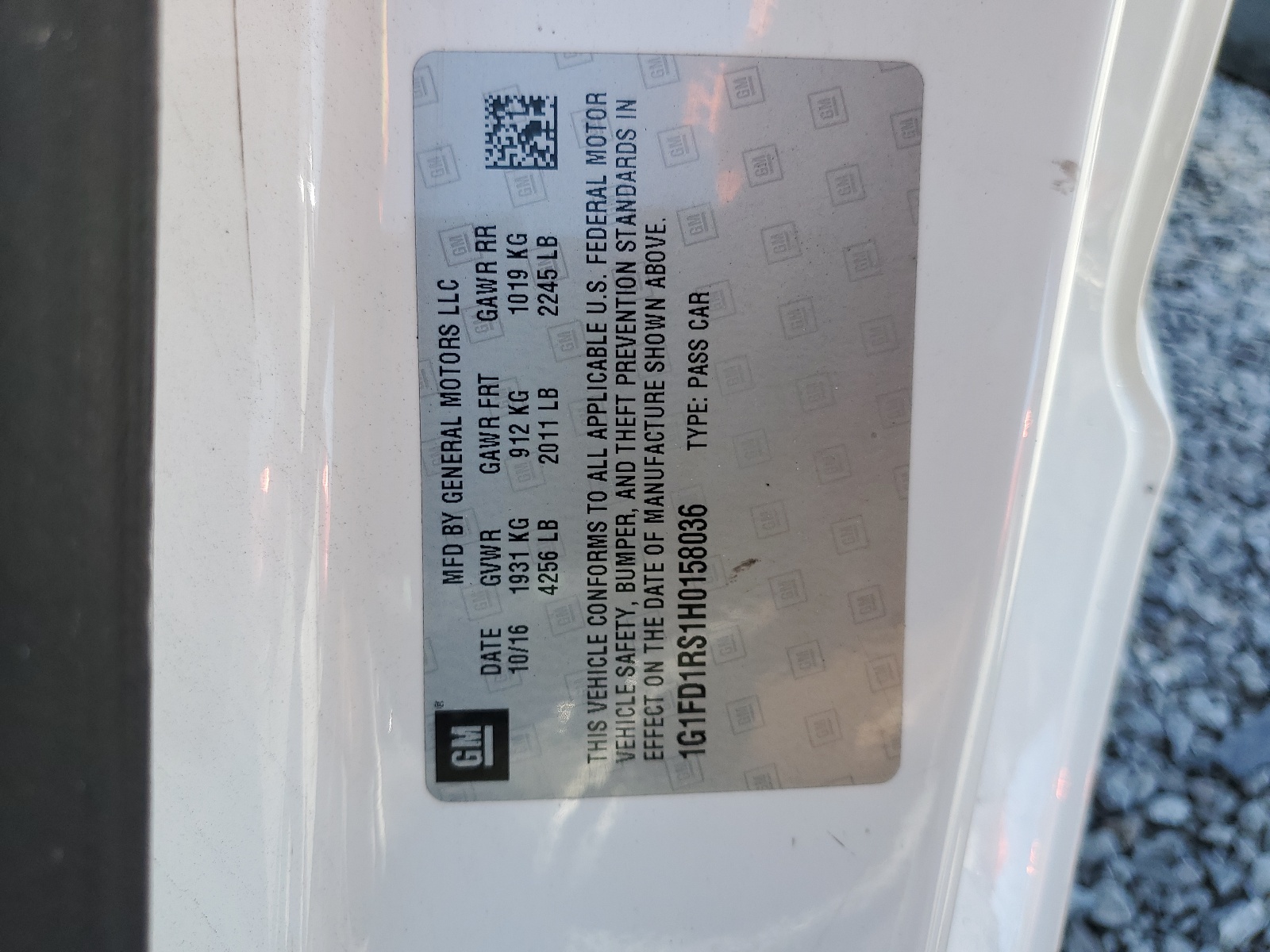 1G1FD1RS1H0158036 2017 Chevrolet Camaro Lt