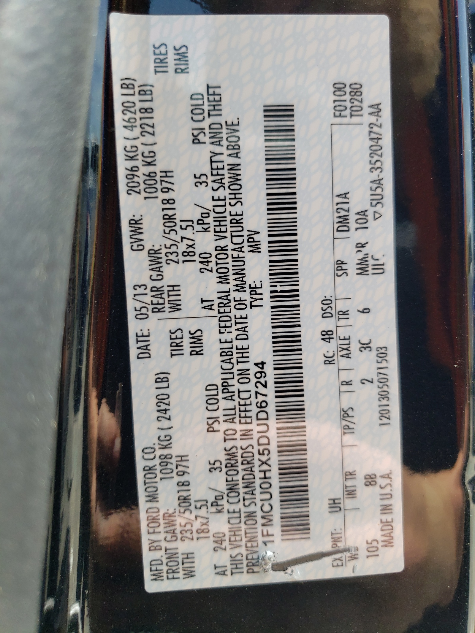 1FMCU0HX5DUD67294 2013 Ford Escape Sel