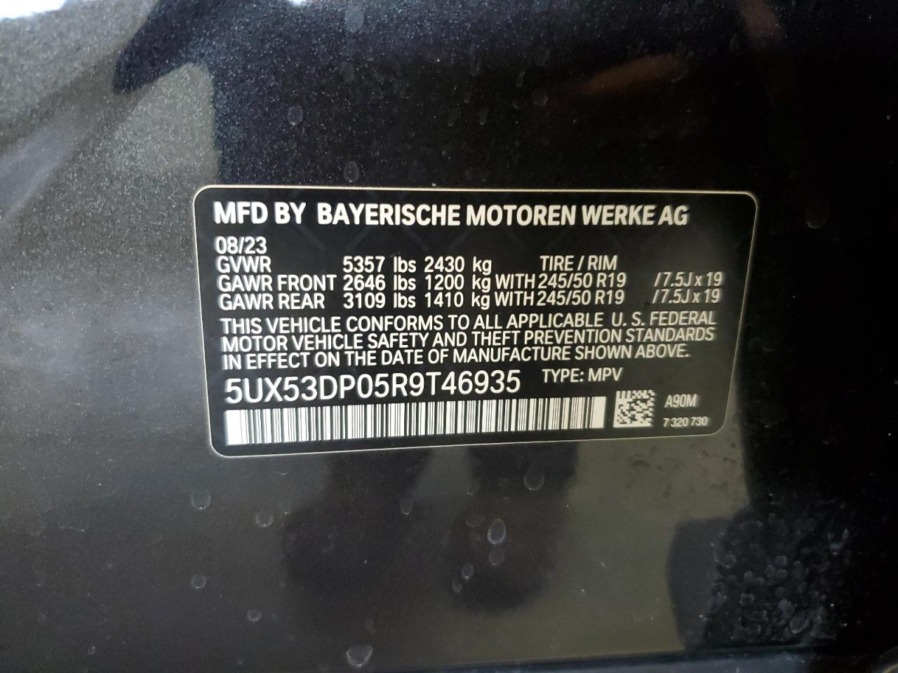2024 BMW X3 xDrive30I VIN: 5UX53DP05R9T46935 Lot: 53882404