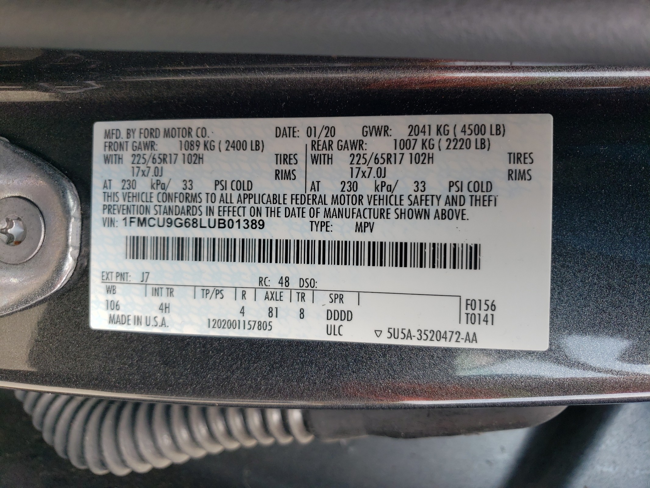 1FMCU9G68LUB01389 2020 Ford Escape Se