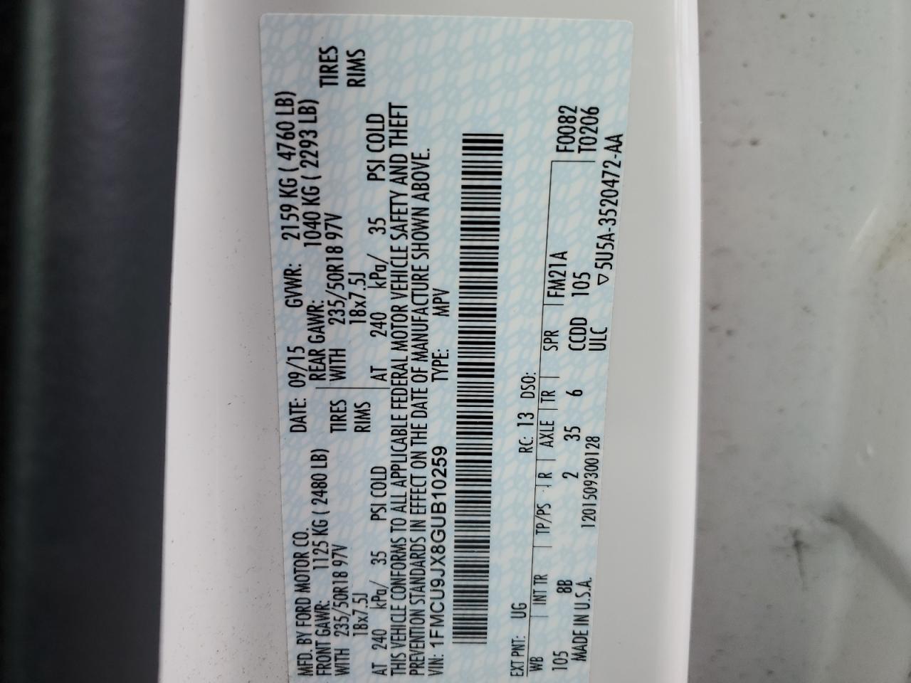 2016 Ford Escape Titanium VIN: 1FMCU9JX8GUB10259 Lot: 55294694