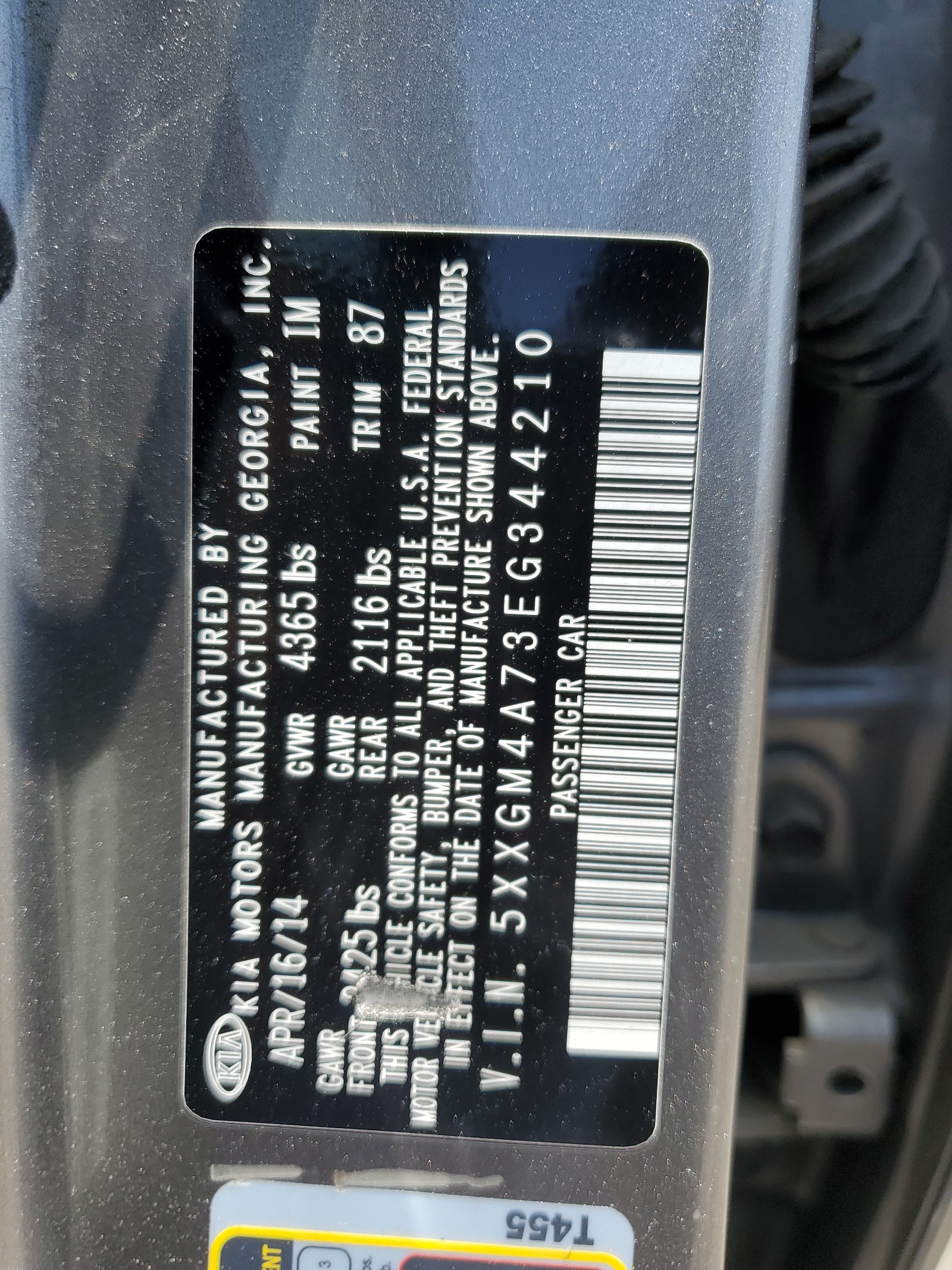 5XXGM4A73EG344210 2014 Kia Optima Lx