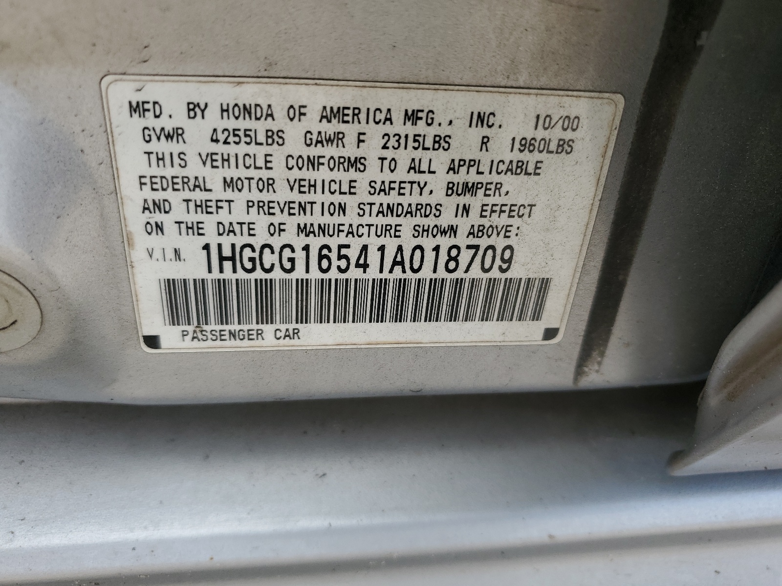 1HGCG16541A018709 2001 Honda Accord Ex