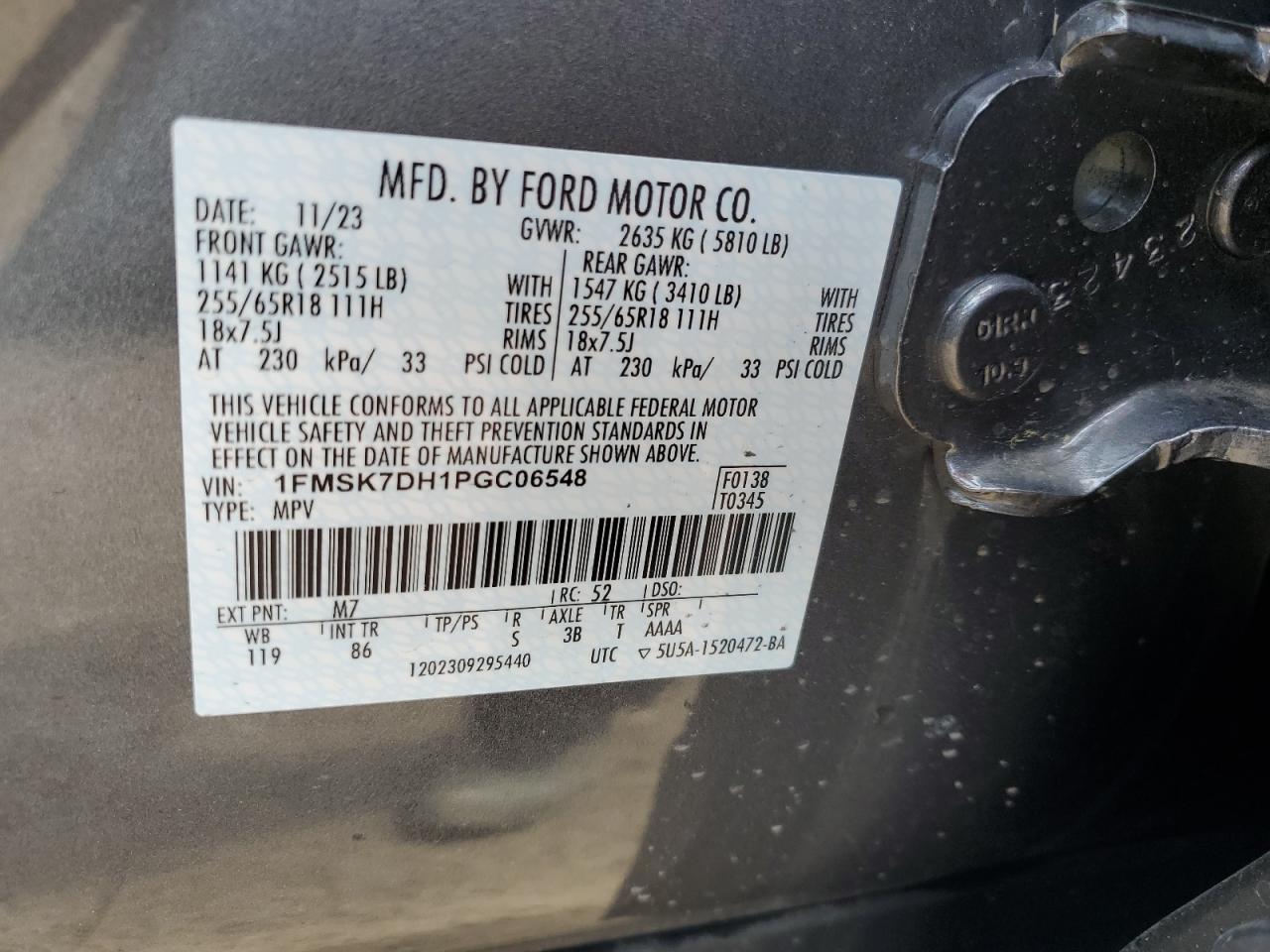 2023 Ford Explorer Xlt VIN: 1FMSK7DH1PGC06548 Lot: 57268654