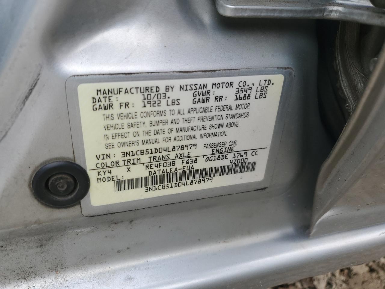 3N1CB51D04L878979 2004 Nissan Sentra 1.8