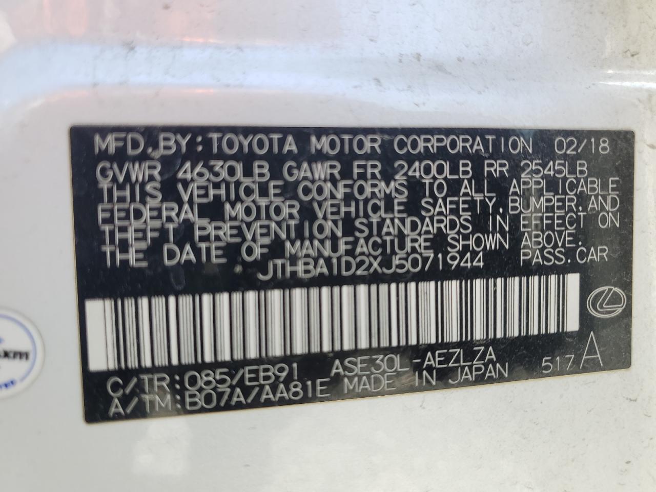 2018 Lexus Is 300 VIN: JTHBA1D2XJ5071944 Lot: 54152024