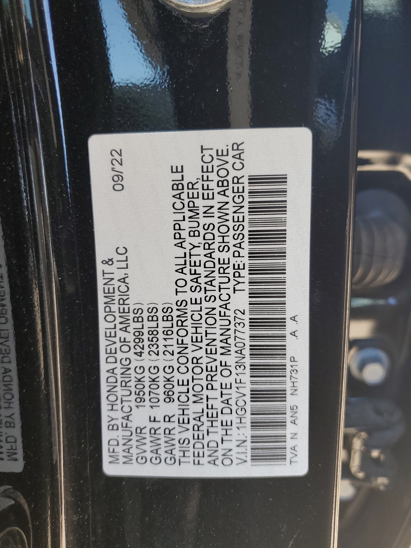 1HGCV1F13NA077372 2022 Honda Accord Lx
