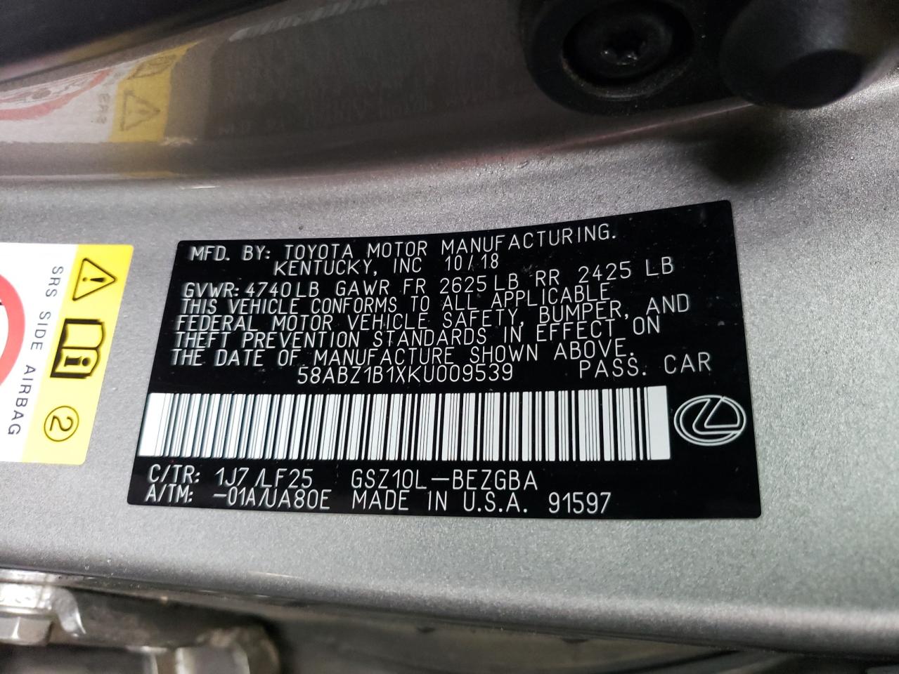 2019 Lexus Es 350 VIN: 58ABZ1B1XKU009539 Lot: 56101904