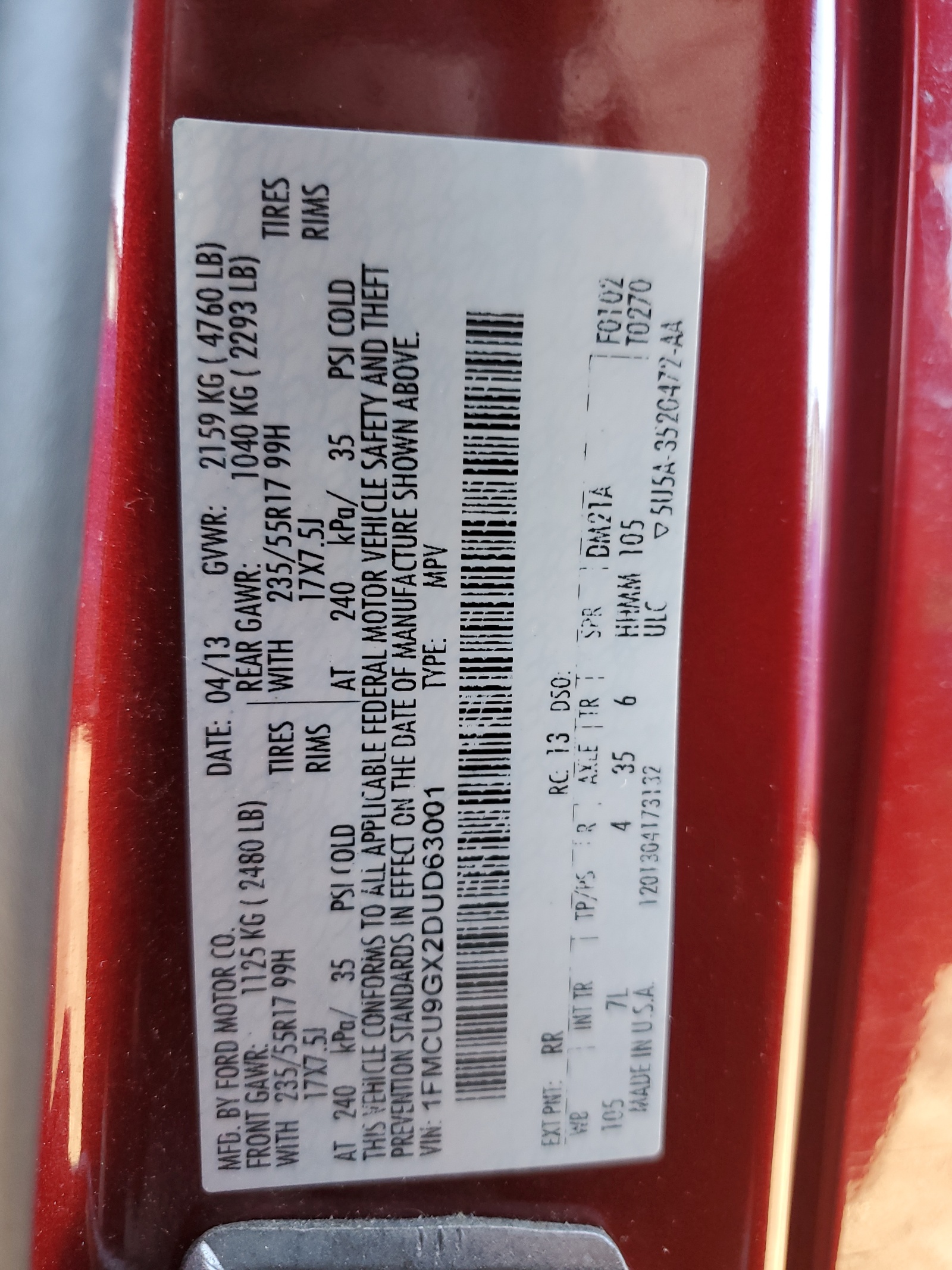 1FMCU9GX2DUD63001 2013 Ford Escape Se