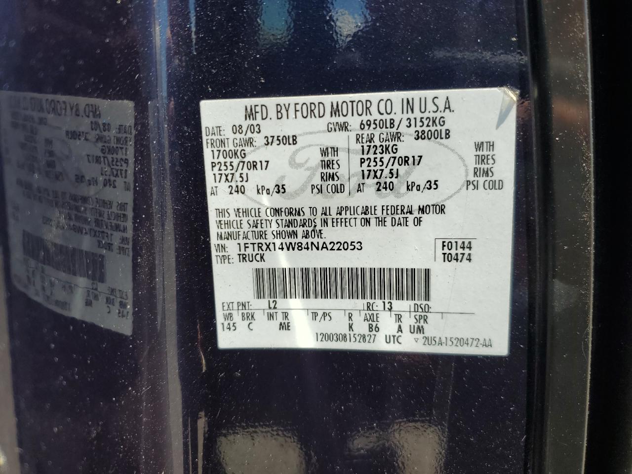 2004 Ford F150 VIN: 1FTRX14W84NA22053 Lot: 56736334