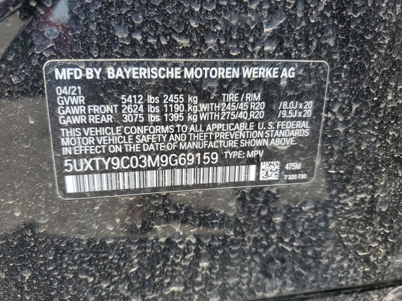 2021 BMW X3 xDrivem40I VIN: 5UXTY9C03M9G69159 Lot: 56048764