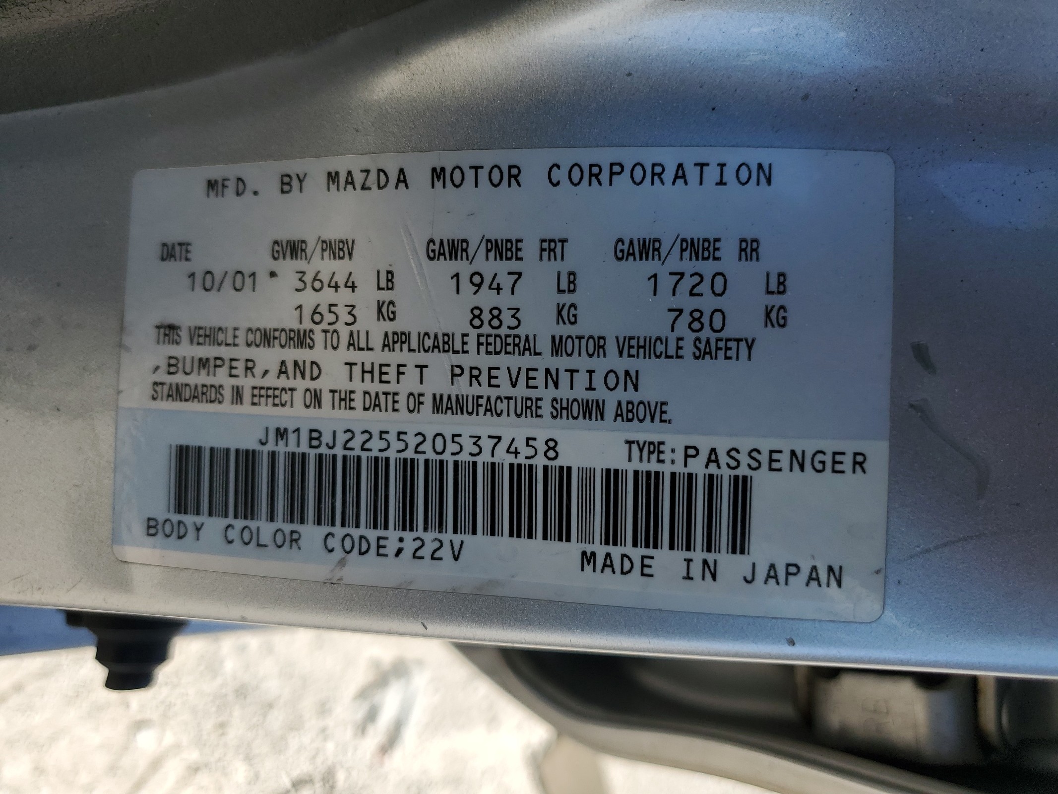 JM1BJ225520537458 2002 Mazda Protege Dx