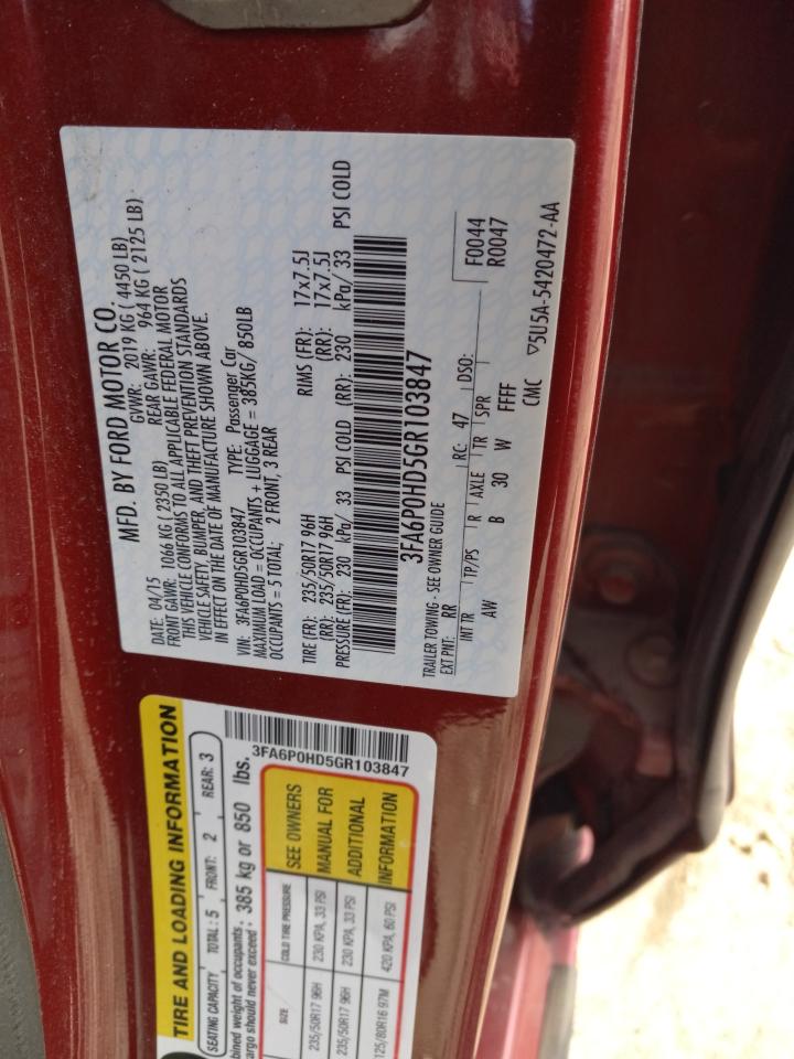 2016 Ford Fusion Se VIN: 3FA6P0HD5GR103847 Lot: 54413334